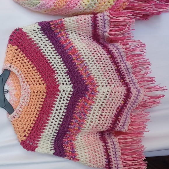 MOMMY & ME BOHEMIAN PONCHOS IN SUBTLE PINK, PURPLE  OSFM, handmade - Picture 3 of 3